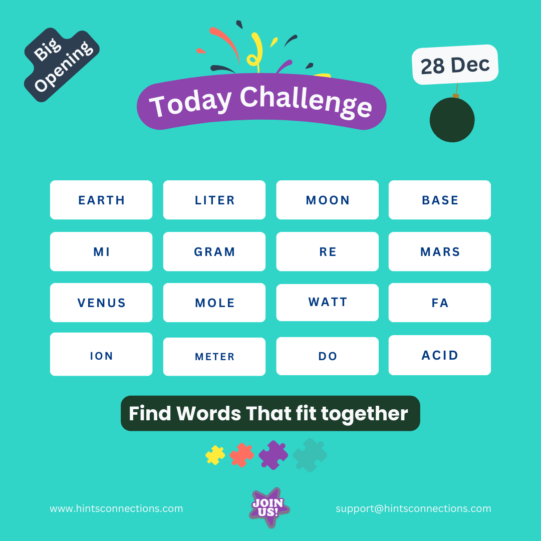 Connections hint today – Cosmic Chemistry puzzle featuring categories like celestial bodies and metric units.