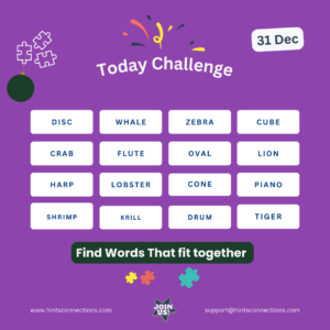 Connections hint today for Dec 31 – 'Shape Safari' puzzle featuring shapes, crustaceans, mammals, and musical instruments