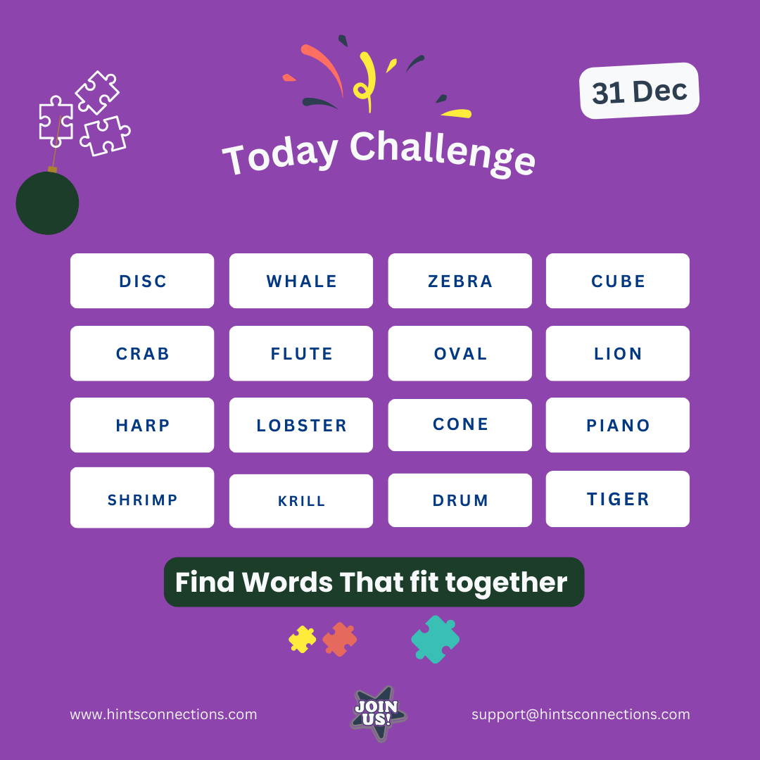 Connections hint today for Dec 31 – 'Shape Safari' puzzle featuring shapes, crustaceans, mammals, and musical instruments