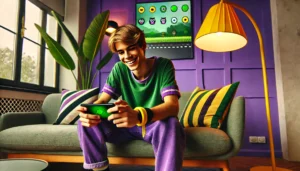 Young person playing a mobile game on a sofa in a cozy living room with vibrant purple, green, and yellow decor.