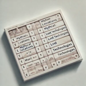 A clean and simple word puzzle game interface with four labeled categories such as 'Mythical Locations' and 'Lost Technologies.'