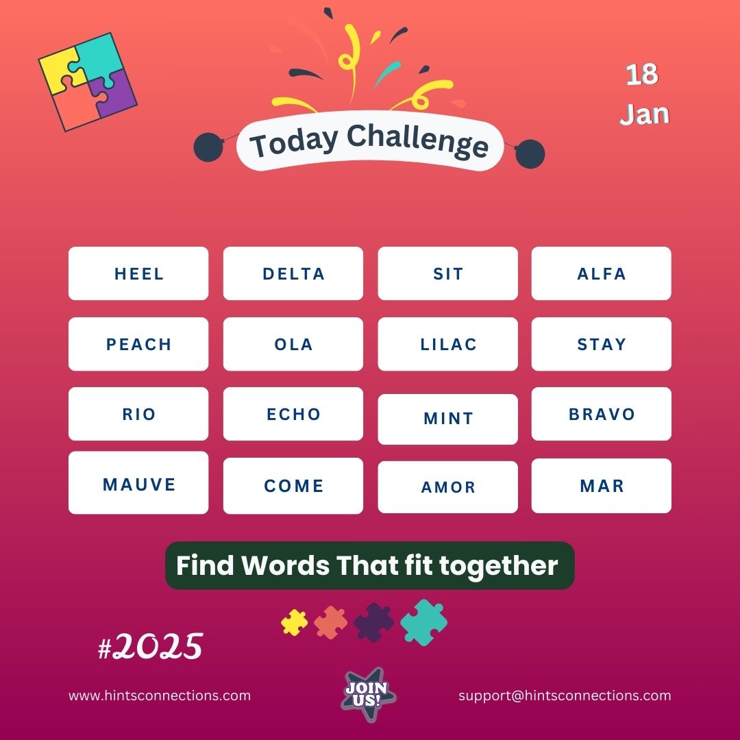 Connections Hint 18 Jan 2025 puzzle titled 'Colors & Commands' featuring NATO alphabets, Portuguese words, dog commands, and pastel colors.